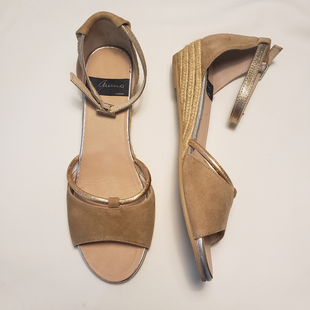 Gaimo 39/8.5 Suede Open Toe Espadrille Wedge Sandals - Neutral & Rose Gold